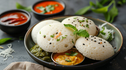 Soft Steamed Idli Served with Sambar and Coconut Chutney.