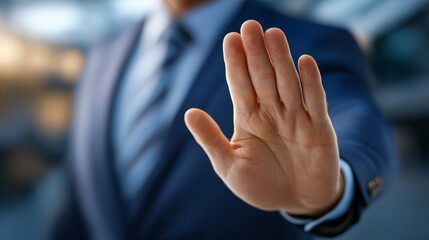 A man in a suit is holding up his hand to stop something
