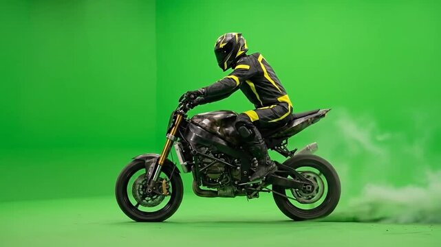 Motorcyclist performs a wheelie stunt with smoke on a green screen