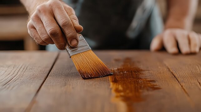 In this image, a craftsman meticulously applies wood stain with a brush, highlighting the texture and warmth of the wood, symbolizing craftsmanship and dedication to quality.