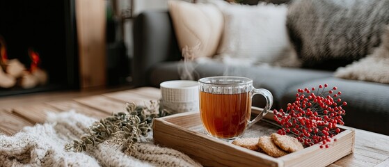 A living room features a warm fire in the fireplace, a plate of cookies, and holiday decorations for winter gatherings