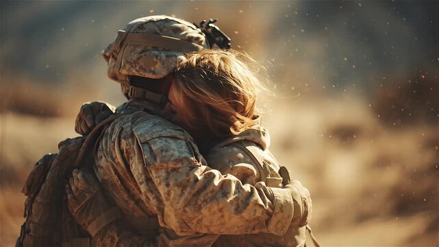 Emotional reunion hug between soldier in camouflage uniform and loved one