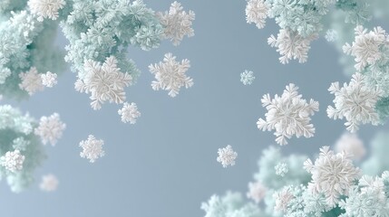 Snowflakes descend from the sky on a bright day creating a winter scene filled with falling snow in a clear blue atmosphere