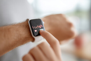 A man is looking at his smart watch and touching the heart icon