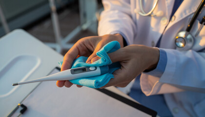 Medical Professional Holding a Stylus with Blue Gloves in a Clinical Setting
