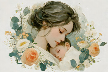 Tender watercolor illustration of mother cradling newborn baby with floral elements. Gentle motherhood portrait in soft pastel tones. Maternity, bonding, and nurturing concept for Mother's Day card.