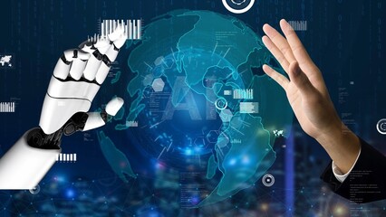 Dynamic representation of human and robotic hands engaged in a digital interaction above a glowing globe, illustrating the future of technology and artificial intelligence advancements. Xenic