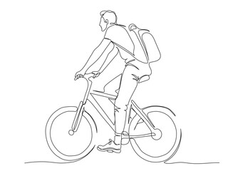 Man with backpack riding bicycle. Side view. Continuous line drawing. Black and white vector illustration in line art style. Editable stroke.