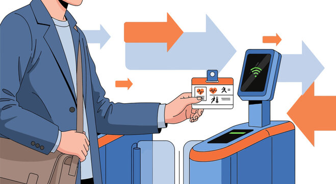 Illustration of a man using medical identification to access a secured facility entrance for