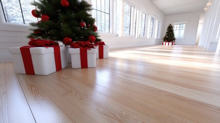 Wrapped present boxes in different colors are arranged near a green Christmas tree with lights and ornaments during the holiday season
