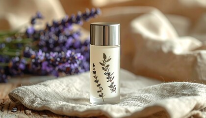 White perfume bottle with silver cap and lavender design on beige cloth next to purple flowers