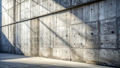 Weathered concrete wall with rectangular panels and diagonal shadows on floor