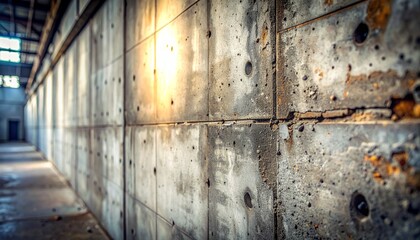 Closeup of weathered concrete wall with rusty bolts and sunlight in abandoned industrial building