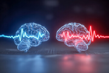 Two translucent digital brains connected by contrasting blue and red electric pulse waves symbolizing neural activity and communication in a futuristic setting