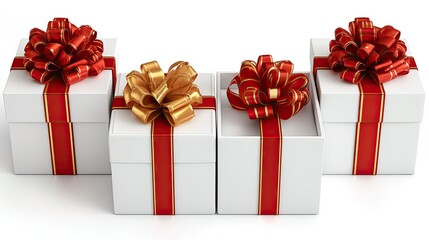 Three square gifts wrapped in white paper with red ribbons and large golden bows sit on a plain white surface