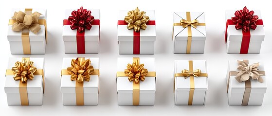 Three square gifts wrapped in white paper with red ribbons and large golden bows sit on a plain white surface