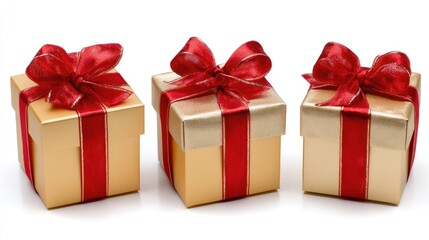 Obraz premium Three square gifts wrapped in white paper with red ribbons and large golden bows sit on a plain white surface
