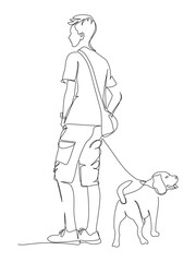 Teenager and beagle dog standing and looking at opposite directions. Continuous line drawing. Vector illustration in line art style. Editable stroke.
