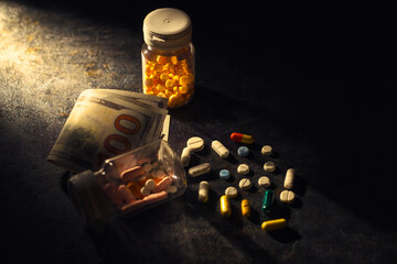 Dramatic, low-key lighting illuminates various scattered pills, capsules, and US currency, representing the high financial cost associated with healthcare and prescription drugs.