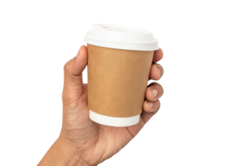Hand holding disposable coffee cup on transparent backdrop ideal showcasing convenience and takeaway culture in design related to beverages business