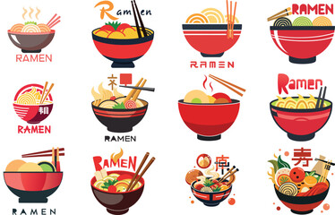 Ramen Logo Collection with Japanese Noodle Bowl Illustrations, Asian Street Food Branding Design, Fast Food Ramen Labels, Vintage and Modern Ramen Restaurant Logos for Menu, Packaging, Cafe, Food Truc