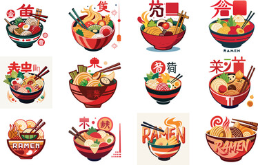 Ramen Logo Collection with Japanese Noodle Bowl Illustrations, Asian Street Food Branding Design, Fast Food Ramen Labels, Vintage and Modern Ramen Restaurant Logos for Menu, Packaging, Cafe, Food Truc