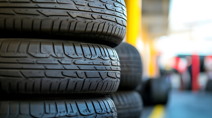 Stacked car tires showing tire tread and rubber. Automotive and transportation concept. Car service. Car tire background. Automotive industry. Rubber tire replacement.