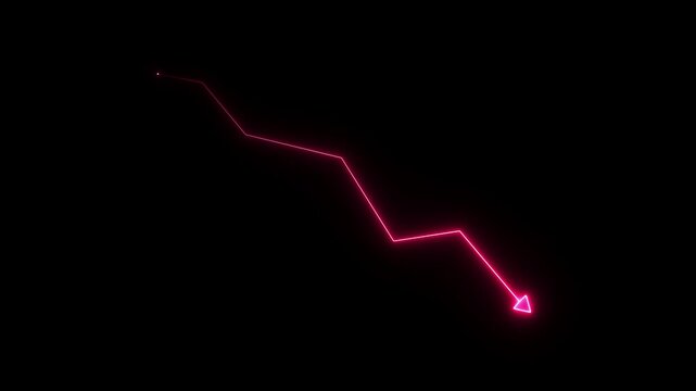 glowing red neon downward graph with arrow indicating decline, loss, and negative trends on a dark, abstract background, perfect for conveying risk, crisis, or poor performance.