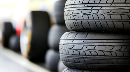 A stack of black tires, showcasing their detailed tread patterns. The repetitive pattern emphasizes the tires' functionality and reliability in automotive contexts. Durable rubber texture.