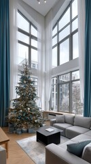 A living room shows a Christmas tree and plants next to a window with a view of a winter day and sunlight coming in