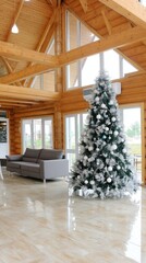 A living room shows a Christmas tree and plants next to a window with a view of a winter day and sunlight coming in