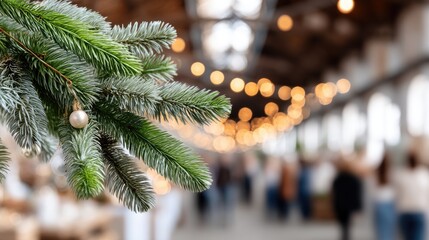 A decorated shopping mall shows a Christmas tree with gold ornaments and lights. Shoppers walk around enjoying the holiday spirit