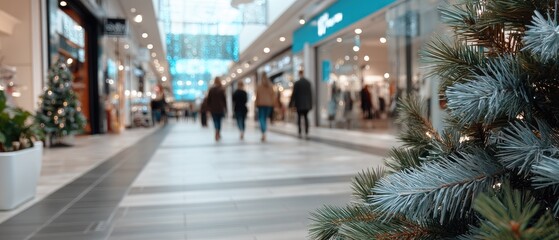 A decorated shopping mall shows a Christmas tree with gold ornaments and lights. Shoppers walk around enjoying the holiday spirit