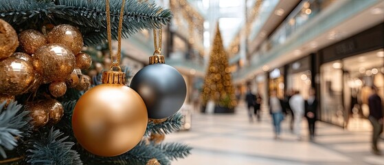 A decorated shopping mall shows a Christmas tree with gold ornaments and lights. Shoppers walk around enjoying the holiday spirit