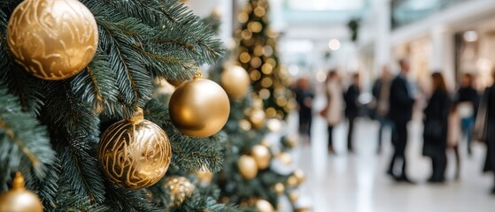 A decorated shopping mall shows a Christmas tree with gold ornaments and lights. Shoppers walk around enjoying the holiday spirit