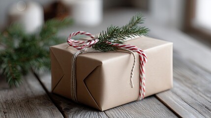 A red gift box is placed on a wooden table surrounded by Christmas decorations and a candy cane