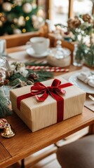 A red gift box is placed on a wooden table surrounded by Christmas decorations and a candy cane