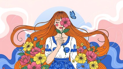 Redheaded Woman Smelling Pink Flower Surrounded by Colorful Blooms