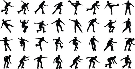 Roller skating silhouette set showing dynamic poses, jumps, tricks, and movement sequences isolated on white background for sports design © Hanif World