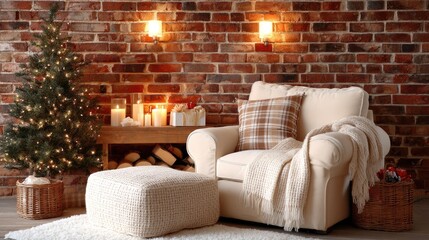 Chairs are placed near a Christmas tree with wrapped gifts in a room that has wooden walls and warm light fixtures