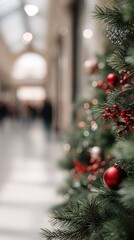 People walk quickly through a shopping mall while a Christmas tree stands in the center, surrounded by storefronts and lights