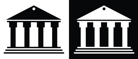Classical architecture building with columns. Highest judicial institution. Silhouette symbol on white and black space. Vector illustration.