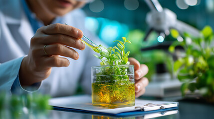Scientific research on plant extracts, chemist analyzing natural compounds, modern laboratory, botanical innovation, herbal study, with copy space