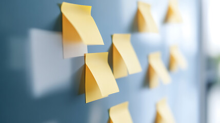 A collection of yellow sticky notes arranged on a blue wall, creating a dynamic and organized pattern. The light casts subtle shadows, adding depth to the composition and highlighting organization.