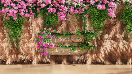 Wooden Podium with dry pampas grass for product promotion and cosmetics display, sunshade on the scene, Natural beauty pedestal, and minimal copy space banner. realistic rendering. 3d illustration.