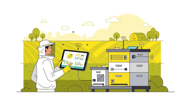Modern apiculture technology illustration showing beekeeper monitoring hive data via a tablet on a