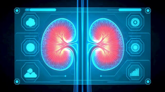 Pair of glowing kidneys displayed on a blue digital medical interface with surrounding control icons