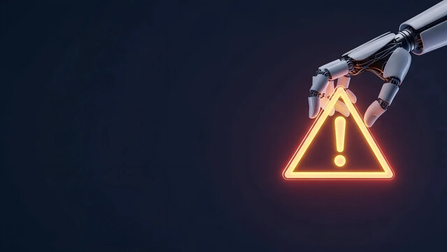 Futuristic robot hand holding glowing neon triangular warning sign exclamation mark on dark background