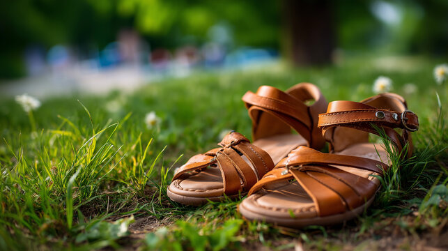 Worn leather sandals resting on grass outdoors, footwear on lawn, natural ground, casual shoes, summer relaxation, with copy space