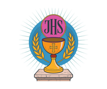 Golden Chalice with J H S Symbol Wheat and Rays of Light.